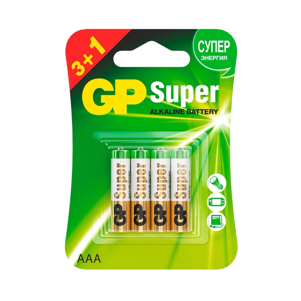 алкалиновые батарейки gp super ааа - 3+1 шт. 24a3/1-2cr4, prostor-market